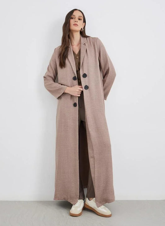 Brown Notch Lapel Button Detail Abaya - FHIVORÉ