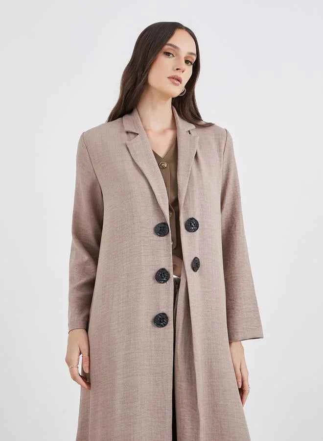 Brown Notch Lapel Button Detail Abaya - FHIVORÉ