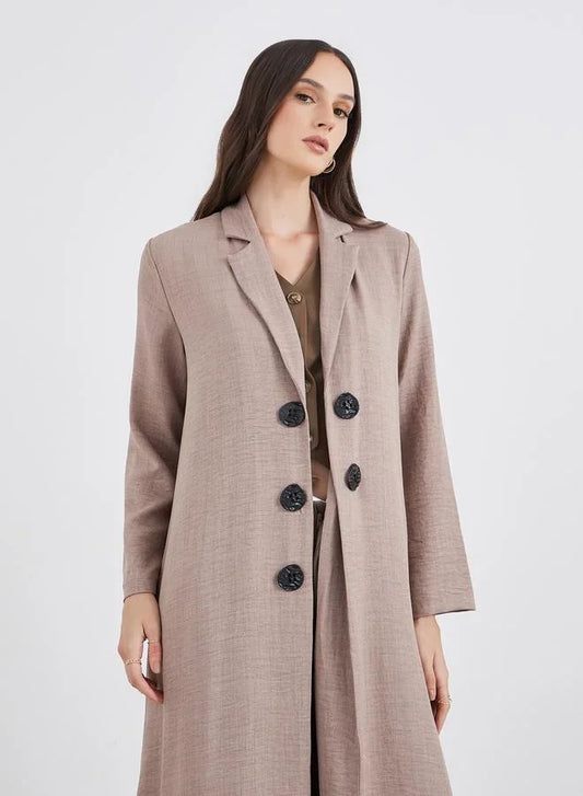 Brown Notch Lapel Button Detail Abaya - FHIVORÉ