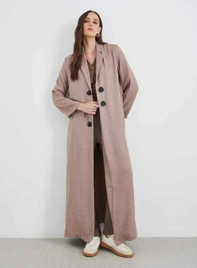 Brown Notch Lapel Button Detail Abaya - FHIVORÉ