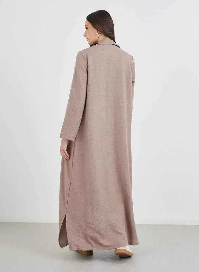 Brown Notch Lapel Button Detail Abaya - FHIVORÉ